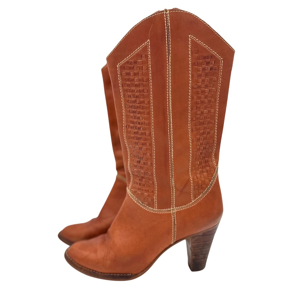 Vintage 1970s Boho Leather Boots size 7B Brown Leather Stacked Heel Woven Brazil